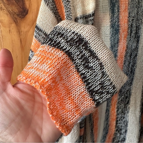 Poof Striped Knit Fringe Cardigan Sweater with Hoodie Cream Black Orange - Large - Picture 4 of 11